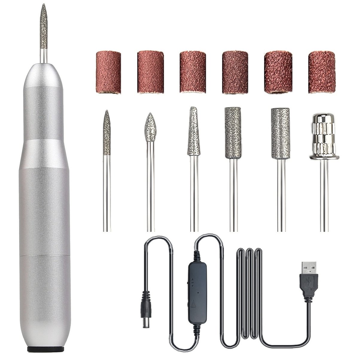 Elektrische nagelfrees in penvorm – USB-voeding, instelbare snelheid, draagbaar manicure-instrument – ​​Voor het vormen van nagels, verwijderen van gel en nagelriemverzorging – Zilver (inclusief 6-delige bitset)