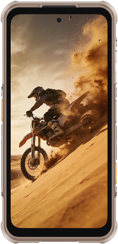 Stoere smartphone met off-road motorrijder op zandduin op het scherm. Behuizing is beige met oranje accenten.