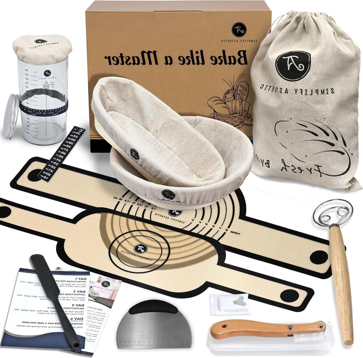 Premium Banneton Brood Proofing Manden - 11" Ovaal & 10" Ronde Zuurdesem Proofing Mand met Voeringen - Zuurdesem Starter Jar Kit 1000ml - Complete Zuurdesem Brood Bakken Benodigdheden met 20
