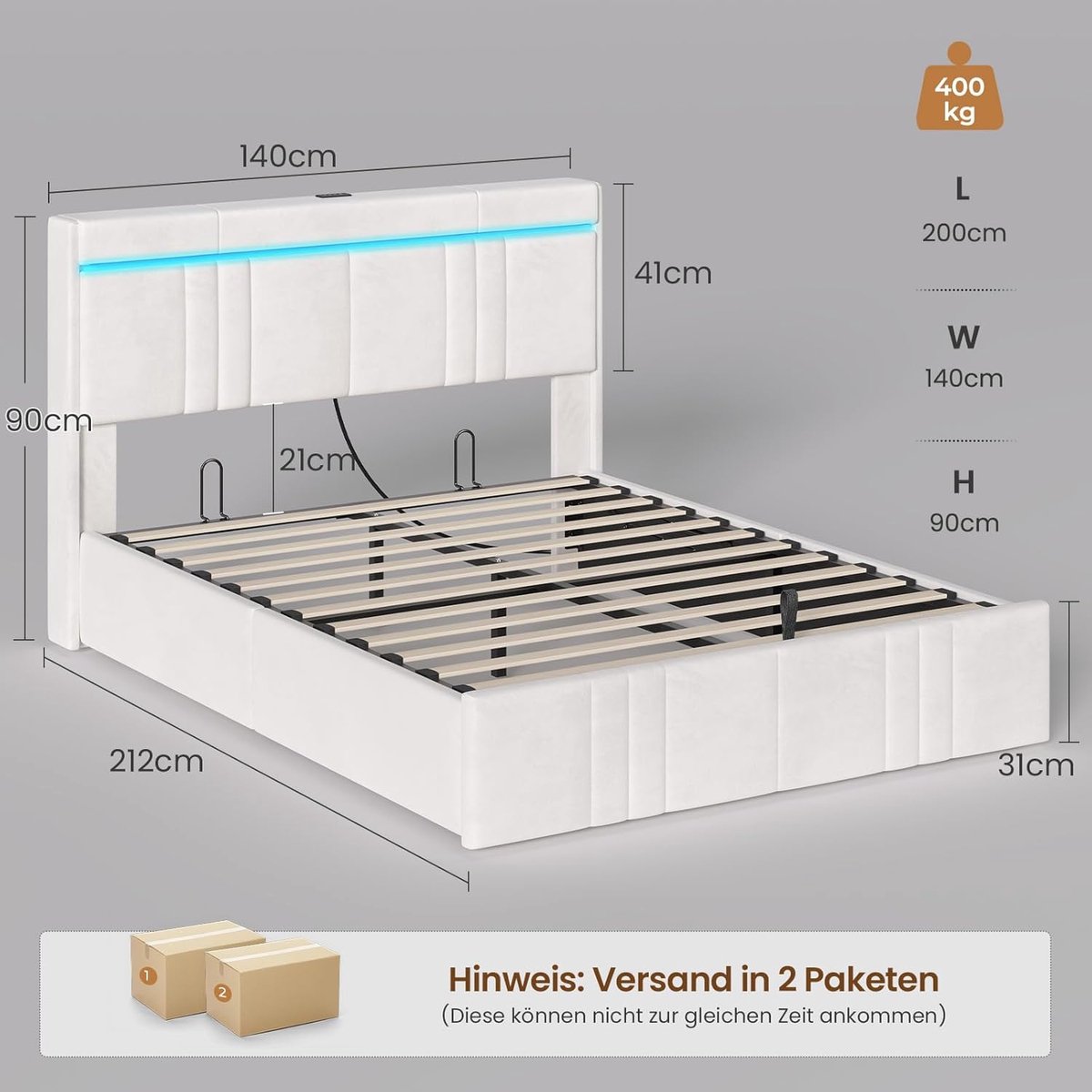 LuxoraLift LED Storage Bed 140x200 cm – Gestoffeerd Hydraulisch Opbergbed met Fluweel Bekleding, USB & Type-C Oplaadstation, RGB LED Verlichting, 30 cm Opbergruimte, Lattenbodem & Modern Design