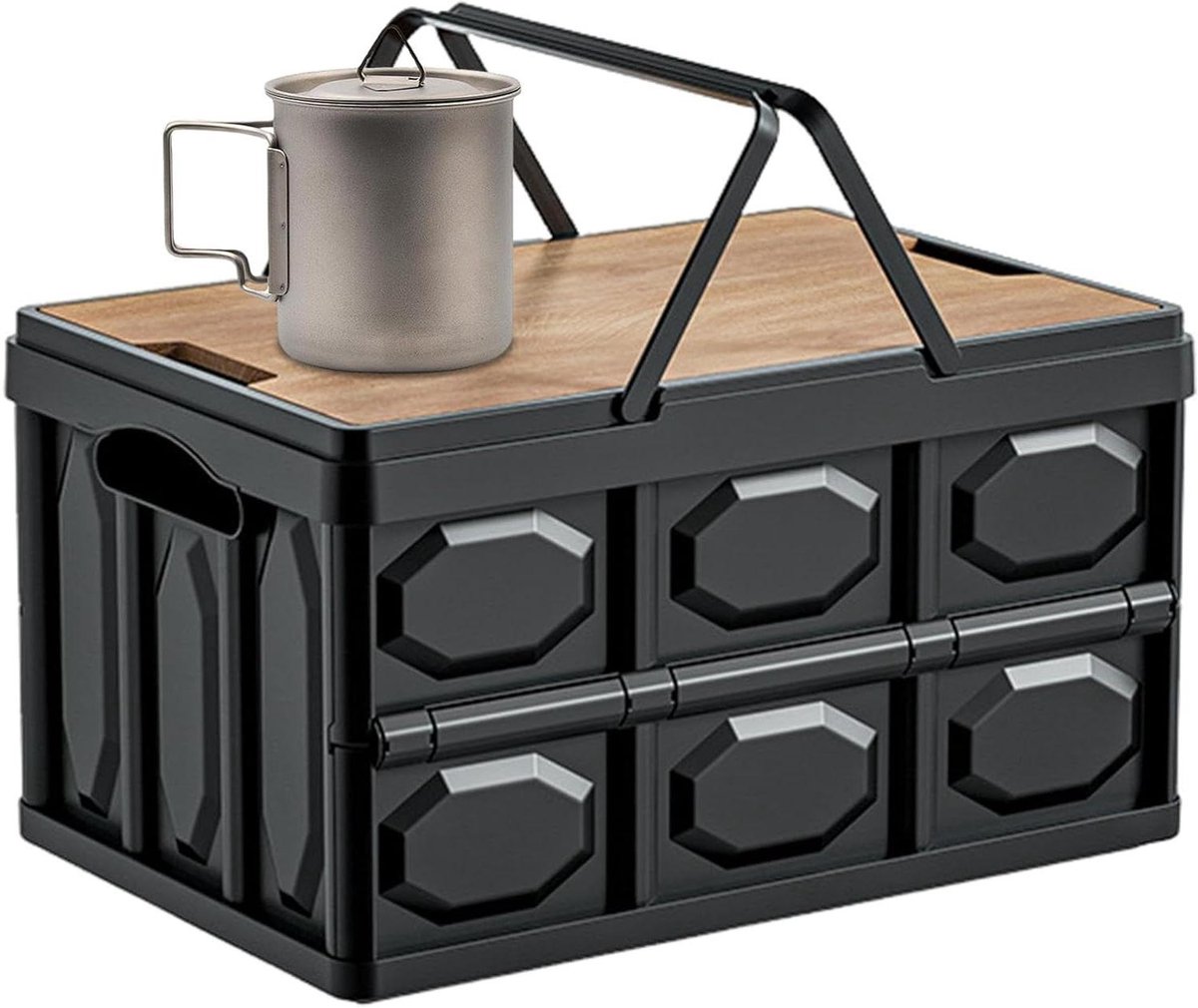 Opvouwbare Opbergdoos - Camping Opbergbak - Buiten Opslaan - Met Houten Deksel - 38 x 27.5 cm - Zwart