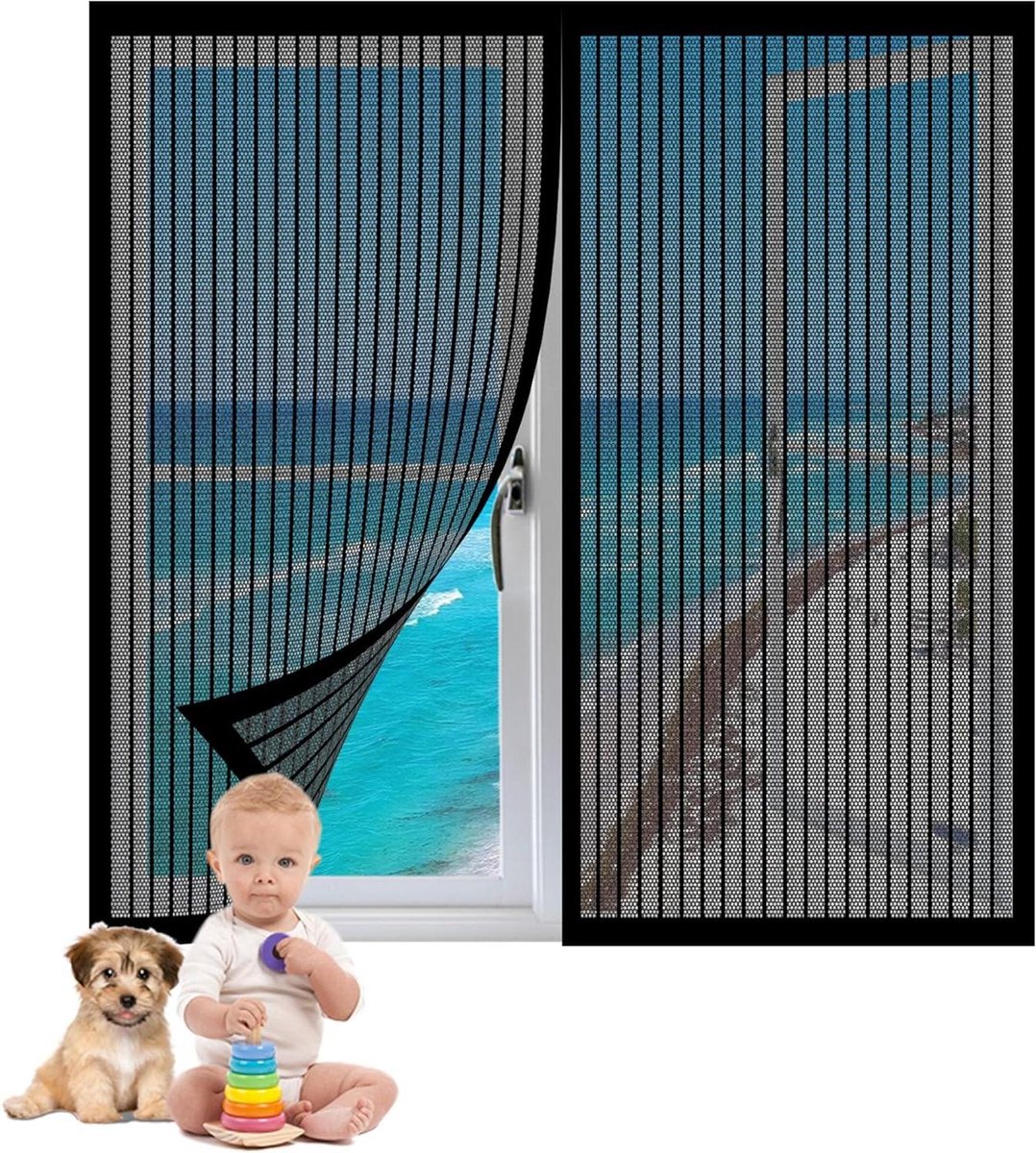 Vliegenhorren Voor Ramen - Vliegengordijn - Insecten Buiten Houden - Magnetische Sluiting - 94 x 110 cm - Zwart