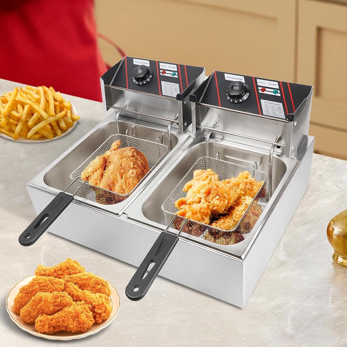 Electric Fryer with Fat, 5000 W, 6 L, Commercial Double Fryer, Gastronomy, Stainless Steel, Cold Zone, Deep Fryer, Professional Gourmet Fryer with Oil, Perfect for French Fries or