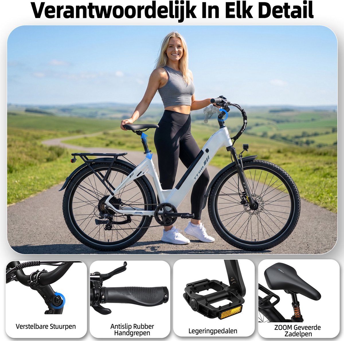 TTGO C5 Elektrische Fiets – 250W Motor - 48V13.5AH Lithium Accu – Actieradius tot 90 km – Hydraulische Schijfremmen – 27.5×2.4 inch Banden – Shimano 7 Versnellingen –Wit thumbnail 5