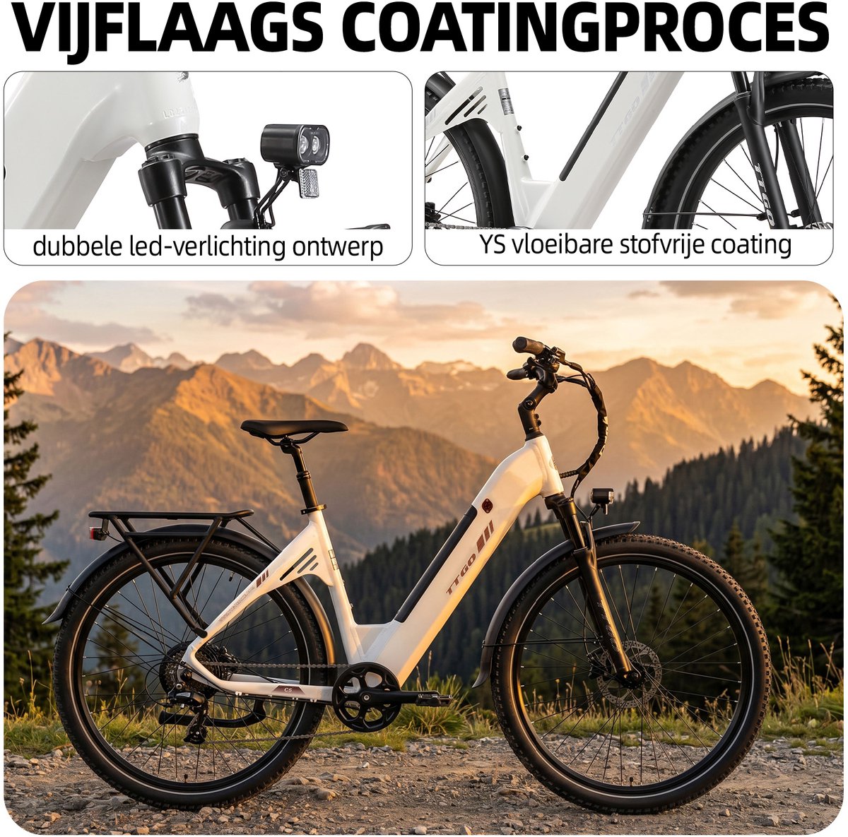 TTGO C5 Elektrische Fiets – 250W Motor - 48V13.5AH Lithium Accu – Actieradius tot 90 km – Hydraulische Schijfremmen – 27.5×2.4 inch Banden – Shimano 7 Versnellingen –Wit thumbnail 3