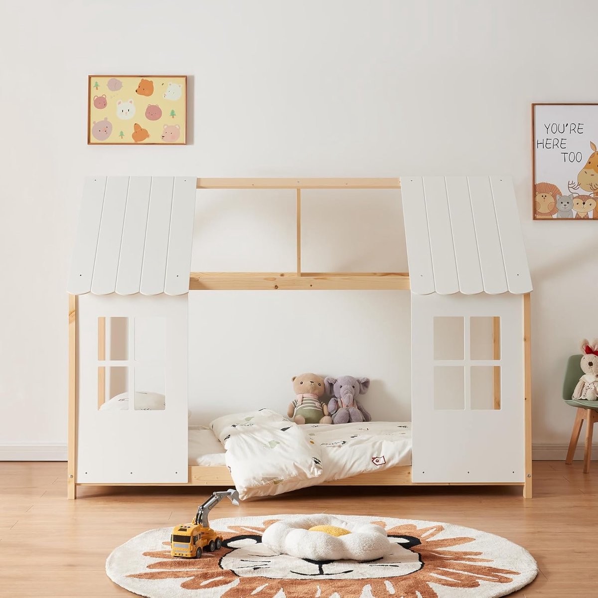 Montessori Huisbed Tostedt 90x200 cm Kinderbed Speelbed Massief Grenen Houten Bedframe Wit/Hout
