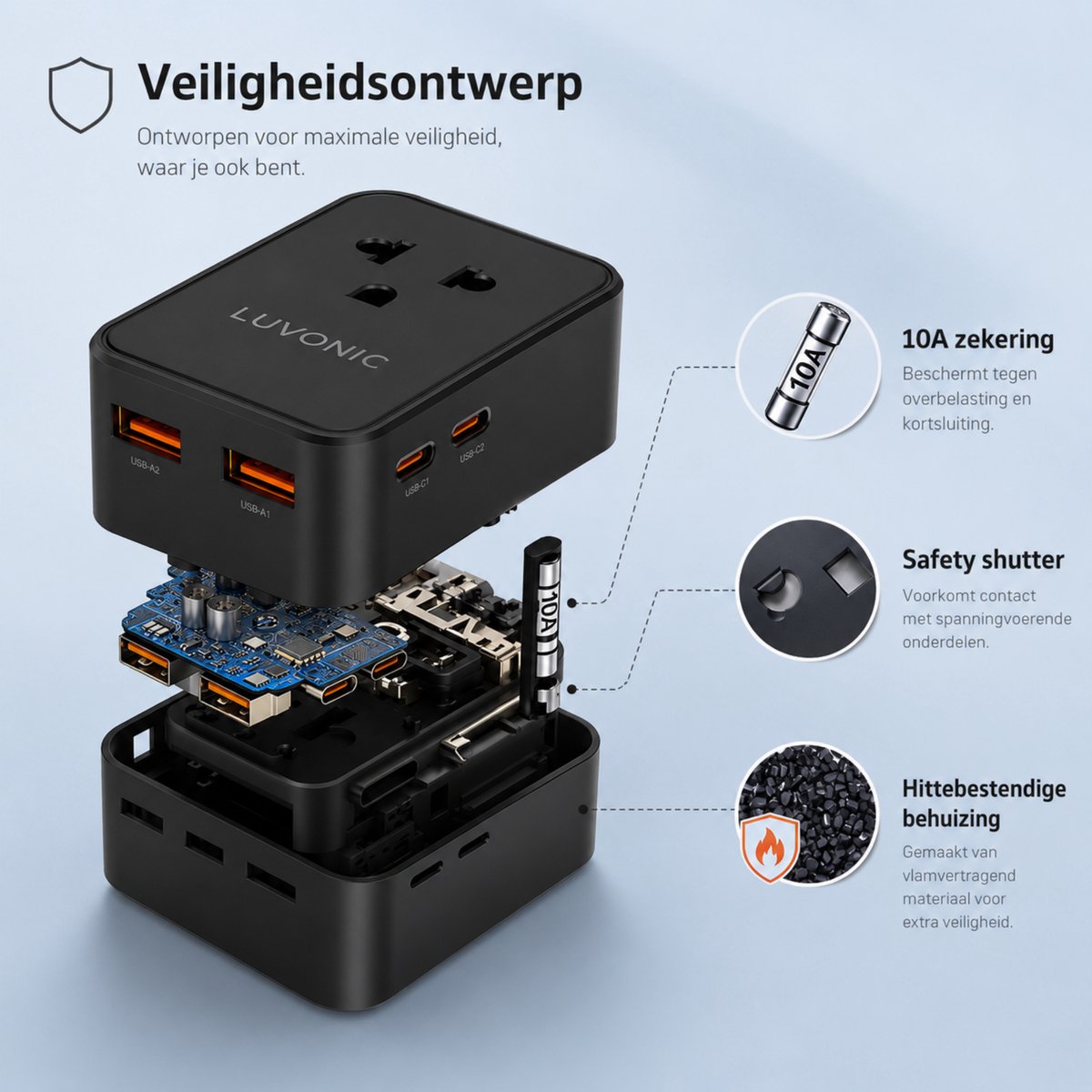 Luvonic® Wereldstekker - Universele Reisstekker met USB-C & USB-A - Reisadapter voor Europa, UK, USA & Australië - Compacte Travel Adapter - Zwart - 2026 Model — cadeau in Gadgets - foto 7