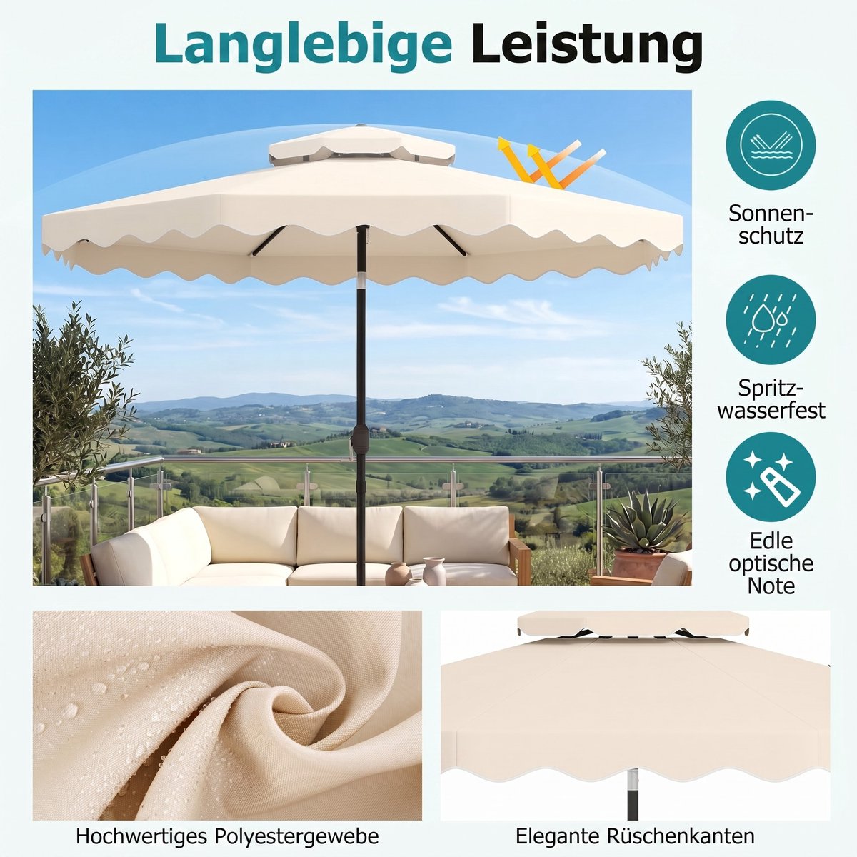 COSTWAY 300 cm parasol met dubbel doek, tuinparasol met draaihendel en volant, 30° kantelbaar aan beide zijden, terrasparasol, marktparasol voor tuin, balkon, terras (beige) – foto 5
