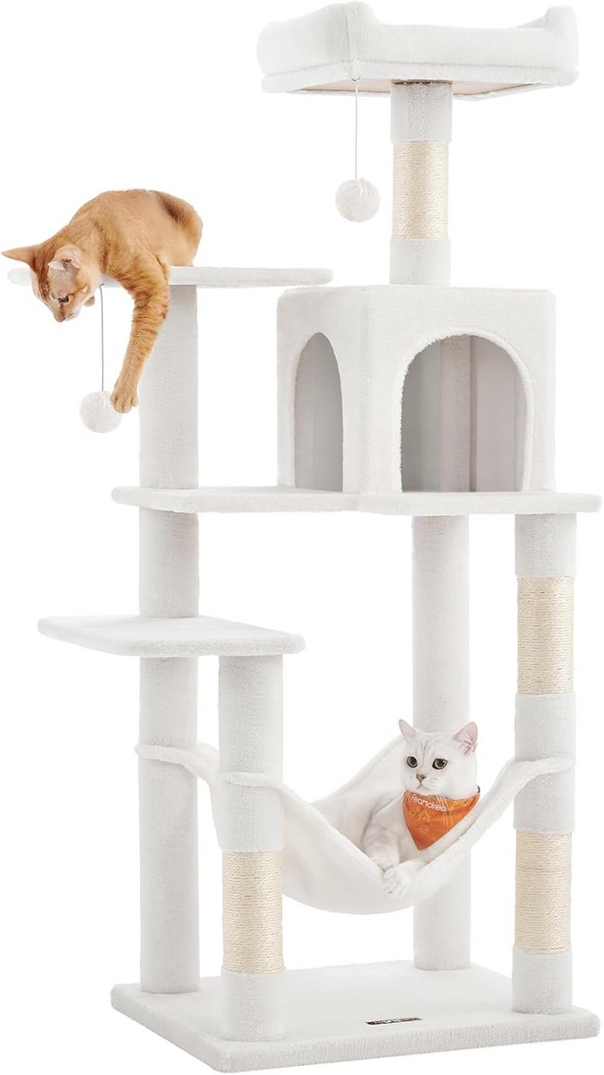 Krabpaal voor katten - Kattenboom speeltoren - Klimmen en spelen - Meerdere verdiepingen - 143 cm hoog - Crèmewit