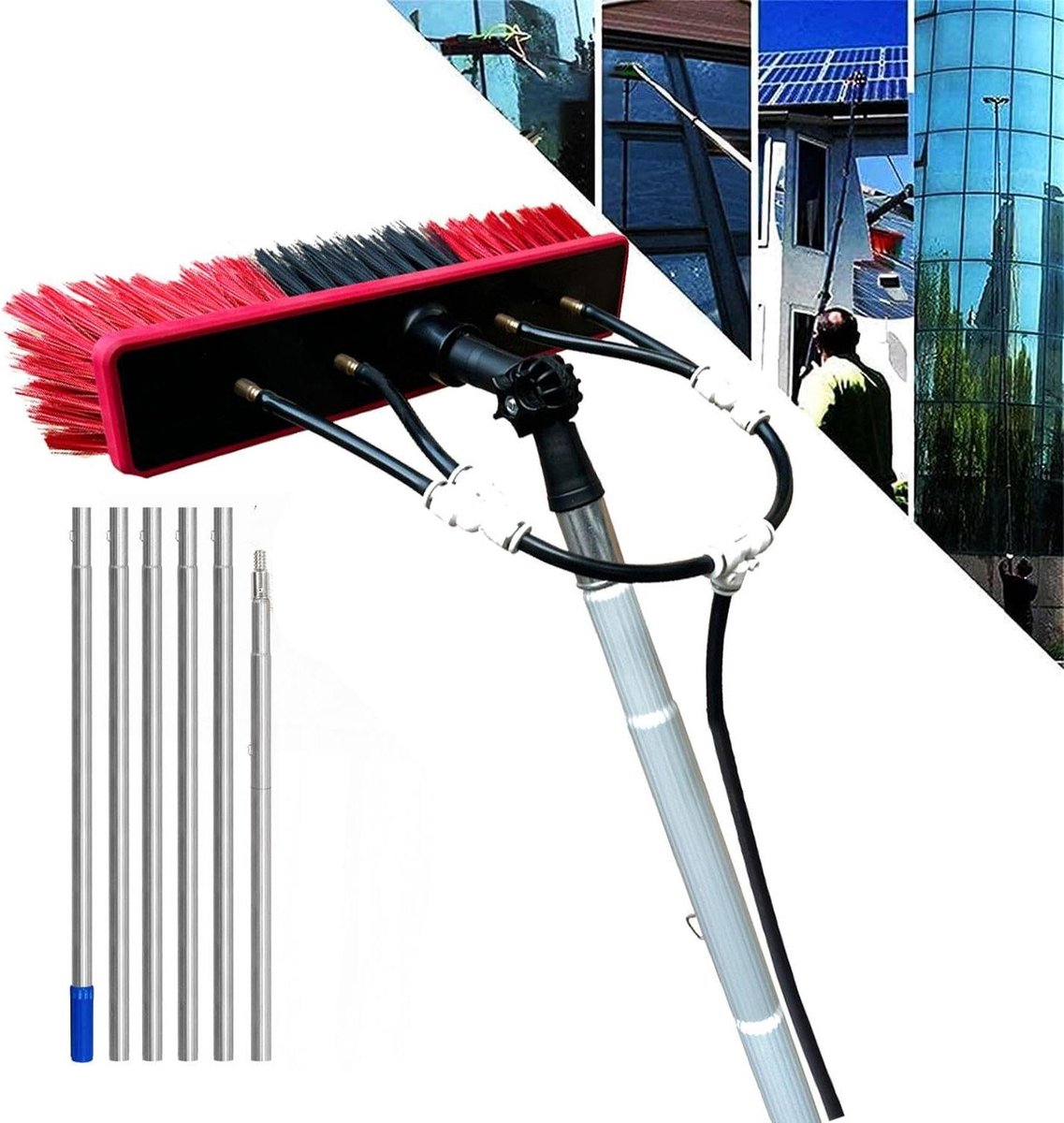 Telescopische raamreiniger - Uitschuifbare borstel - Hoge oppervlakken reinigen - Met watertoevoer - 9 meter lengte - Grijs