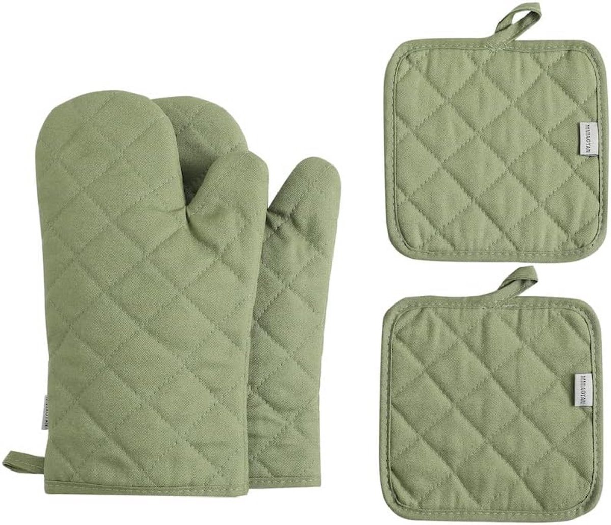 Ovenwanten en Onderzetters - Keukenhandschoenen Set - Veilig Koken - Extra Dikke Vulling - Set van 4 - Groen