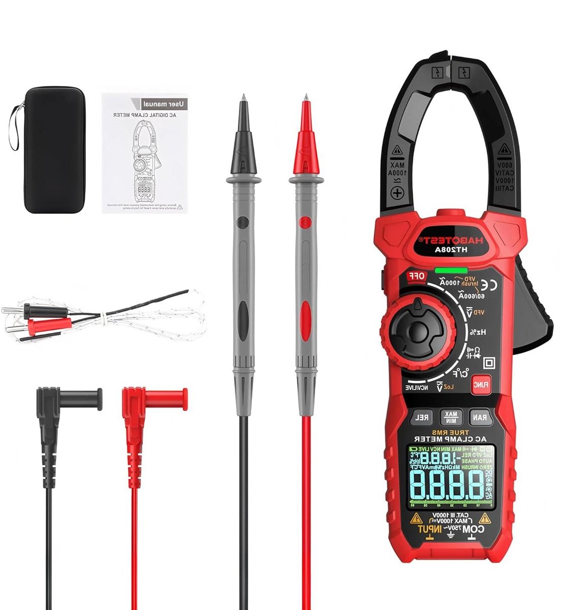 HT208A AC Digital Clamp Meter Meter Multimeter Pinza Amperimetrica True RMS High Precision Capacitance NCV Ohm Hz Tester(HT208A AC 1000A)
