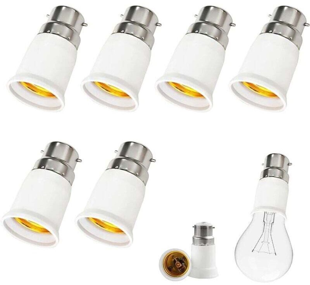 6-delige B22 naar E27 adapterset, bajonet naar schroeffitting lampadapter, B22 naar E27 schroeffitting lamphouder converter, 0-250V, geschikt voor LED-, gloeilamp-, halogeen- en spaarlampen.