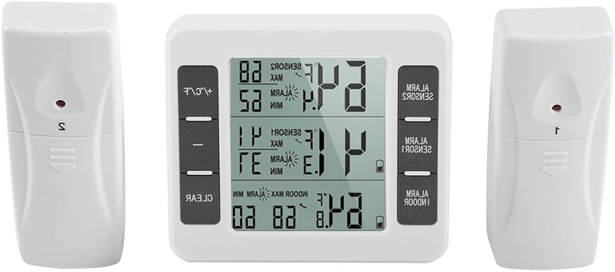 Draadloze digitale vriesthermometer en koelkastthermometer met 2 sensoren, 24-uurs temperatuurregistratie en hoorbare alarmfunctie voor binnen en buiten.
