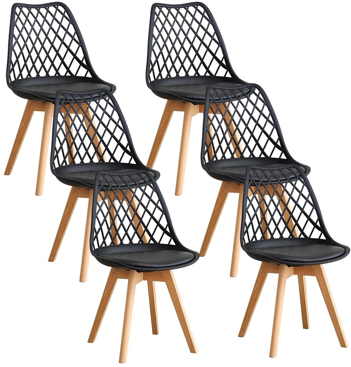 Archi Eetkamerstoelen set van 6 – Stoelen - Moderne mesh kuipstoelen - Met houten poten en leren zitting - Scandinavische stijl – Zwart