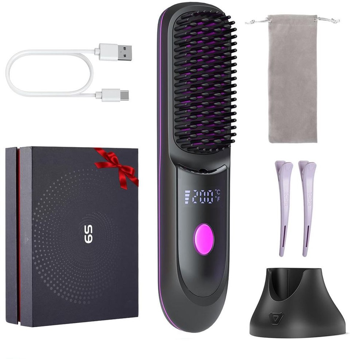 Draadloze stijltang met keramische verwarming in 20 seconden | 2-in-1 Type-C-poort en oplaadstation, ideaal voor op reis.
