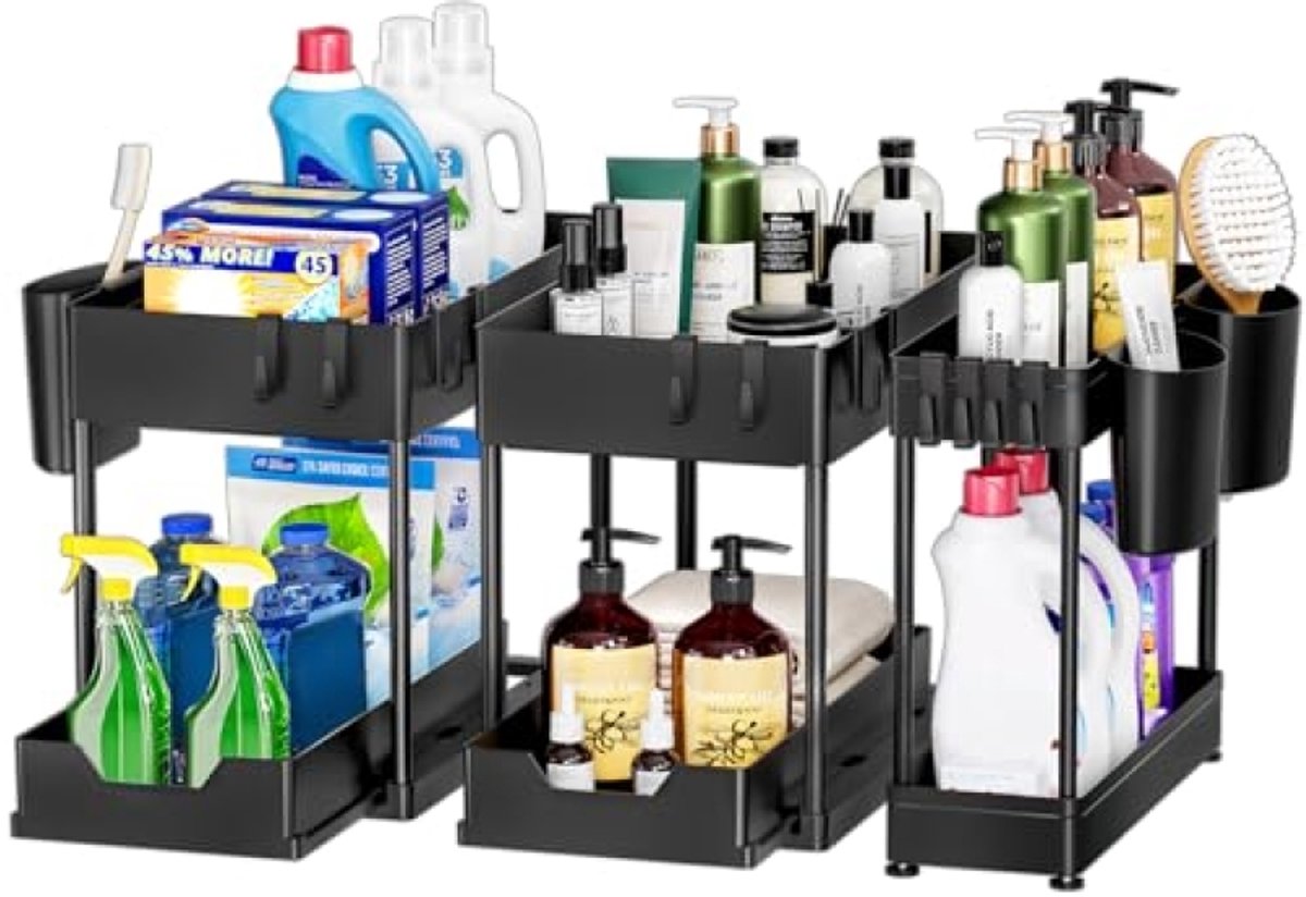 3-delig onder gootsteen organizer set met uittrekbare lade - 2 groot + 1 klein - zwart