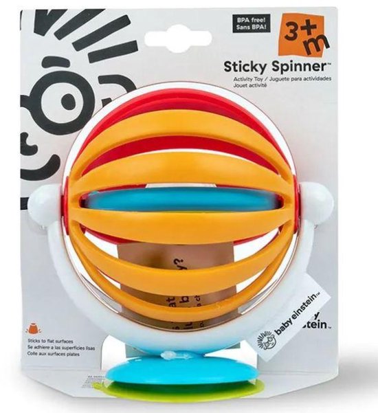 Baby Einstein sticky spinner speelgoed in verpakking. Kleuren: rood, oranje, blauw, geel, wit en groen.