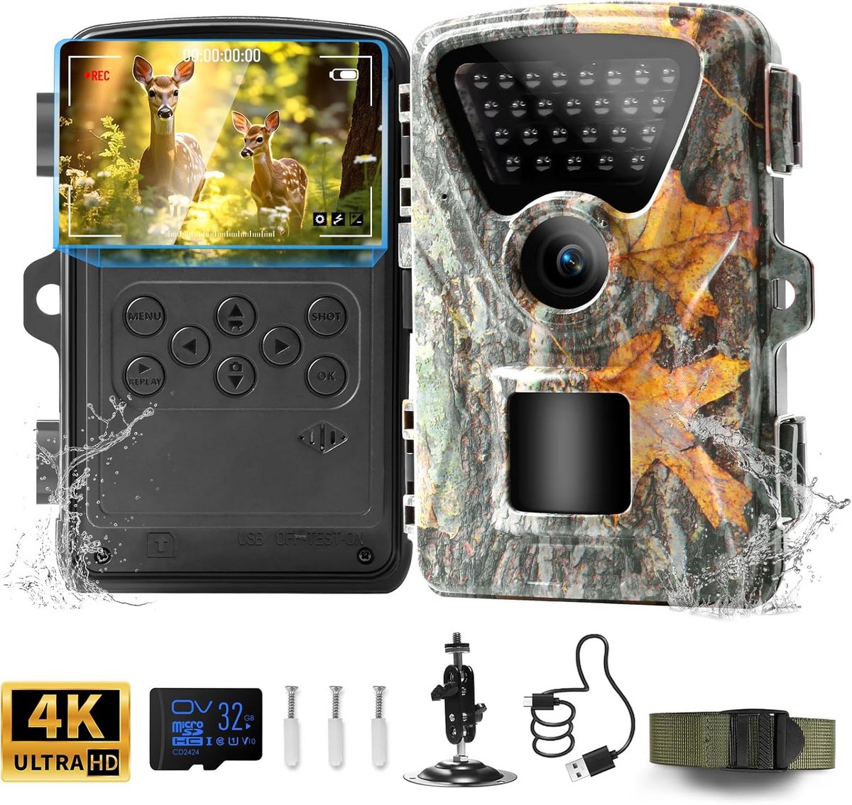 Wildcamera Bewegingsmelder - Nachtzichtcamera Outdoor - Natuur Observeren - 01 Seconde Activering - 4K Video - Army Green