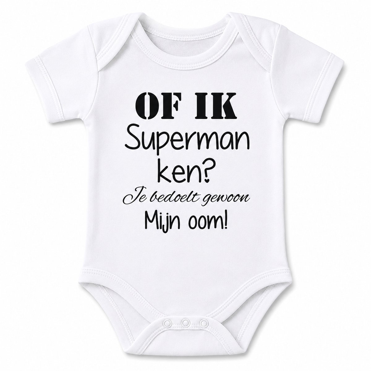 Baby Rompertje met tekst zwangerschap aankondiging - announcement | Of ik superman ken? Je bedoelt gewoon mijn oom | korte mouw | wit zwart | maat 50-56 | geboorte kraamcadeau cadeau