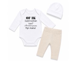 Baby cadeau geboorte unisex jongen of Meisje Setje 3-delig newborn | maat 74-80 | grijs mutsje en broekje en romper lange mouw wit met zwarte tekst of ik superwoman ken je bedoelt gewoon mijn mama | Bodysuit | pakje | Kraamcadeau | Gift Set