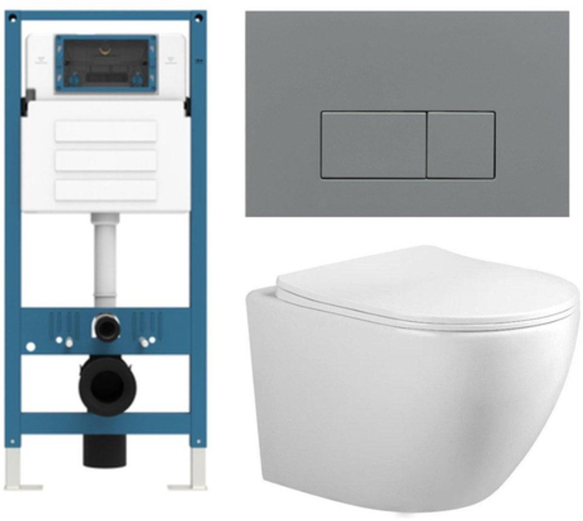 Adema Salina 2.0 Toiletset - 48.5x36x32cm - diepspoel - spoelrandloos - QeramiQ inbouwreservoir - softclose - quickrelease - toiletzitting - licht grijze kunststof bedieningsplaat - rechthoekige knoppen - wit