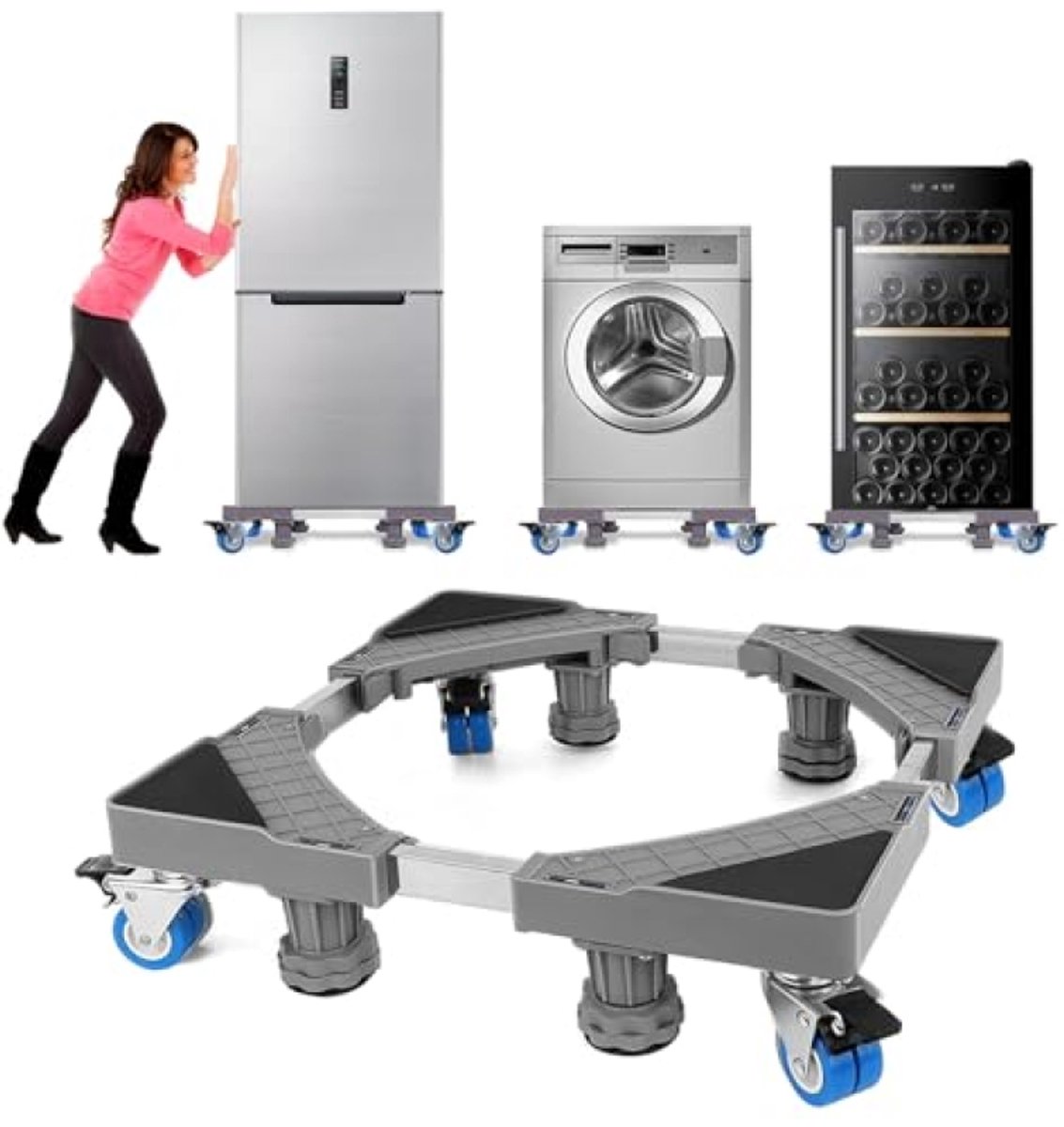 Wasmachinebasis met 4 Wielen, Verstelbaar Onderstel voor Wasmachine, Droger of Koelkast, Max. 200 kg, Breedte 41.5-65 cm, Hoogte 9-12 cm