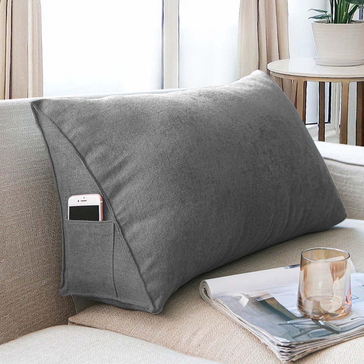 Wig Cushion - Rugsteun Kussen - Ontspannen Lezen - Afneembare Hoes - 60x35x20cm - Grijs