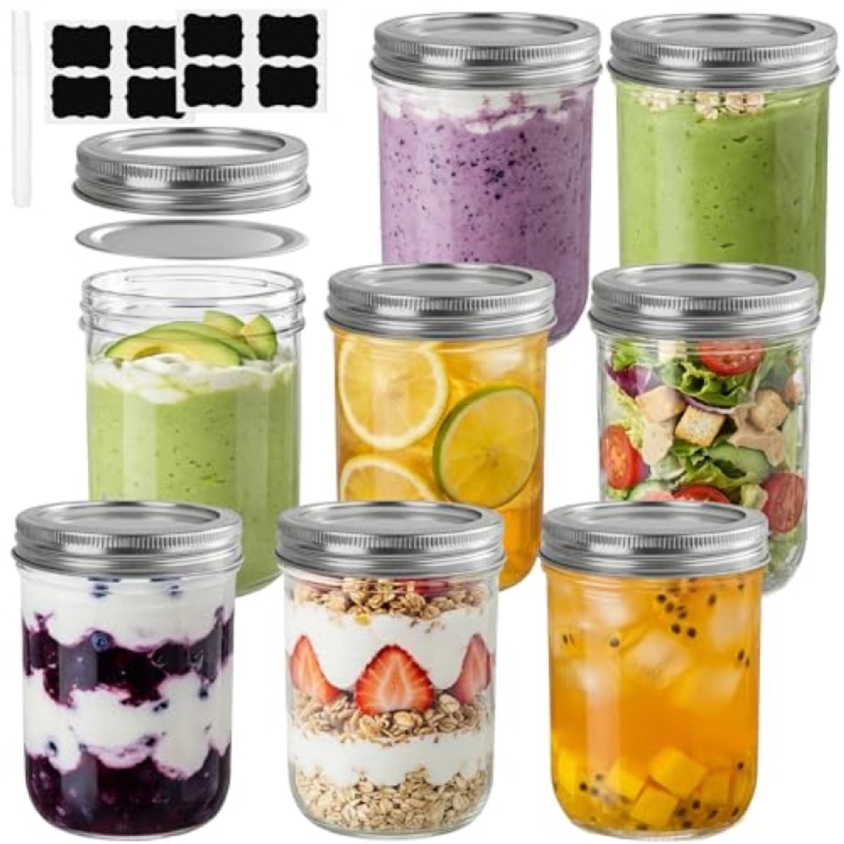 PromoHome Glazen Potten met Deksel 450 ml - 8 Stuks Mason Jars voor Inmaken, Overnight Havermout, Yoghurt, Jam en Opslag