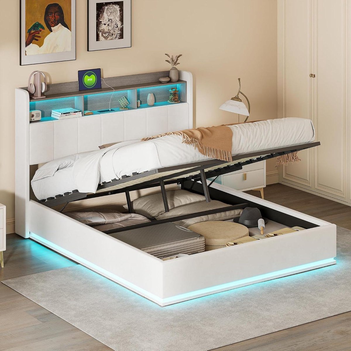 Tweepersoonsbed - Gestoffeerd bed - Slaapkamer Inrichting - Met LED en USB - 140 x 200 cm 