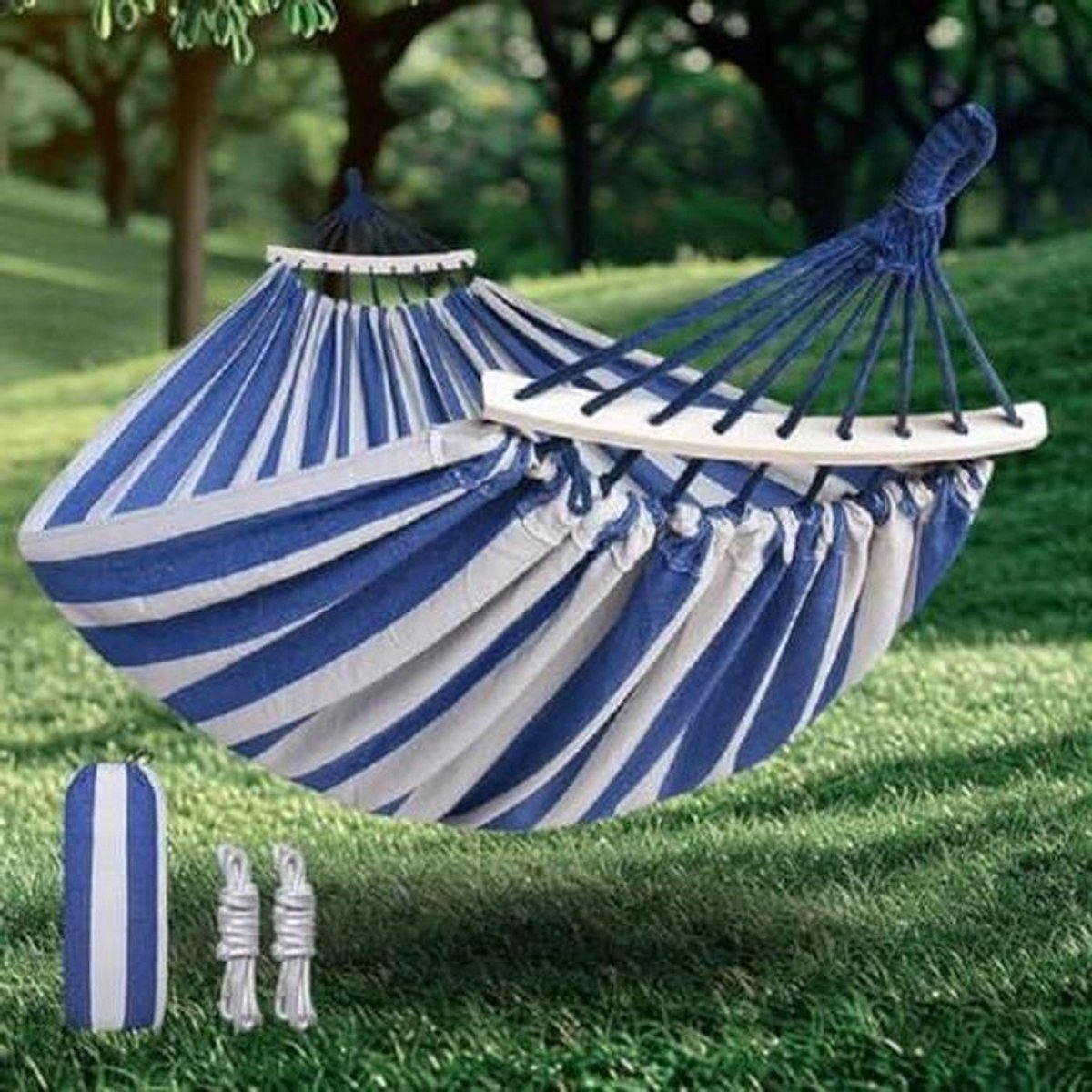 Katoenen Hangmat - Buitenstoel - Ontspannen Buiten - Gebogen Houten Staaf - 215 x 155 cm - Natuurlijk