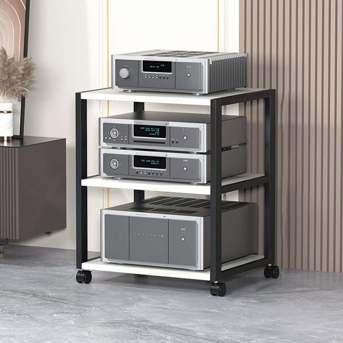 Multifunctionele Luidsprekerkast - Woonkamerrek Audiomeubel - Apparatuur Organiseren - 360° Draaibare Wielen - 50 x 40 x 49 cm - Crèmewit