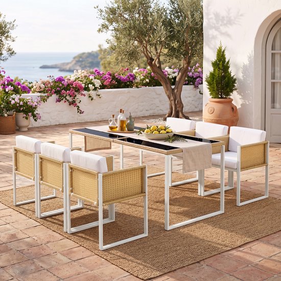 Intebiki tuinset - tuin loungeset -dining loungeset - Inclusief een eettafel en zes fauteuils - tuinset 6 persoons - Moderne, casual buitenset - Geschikt voor terrassen, balkons en tuinen - Geschikt voor terras/balkon/hal - Wit + Bruin