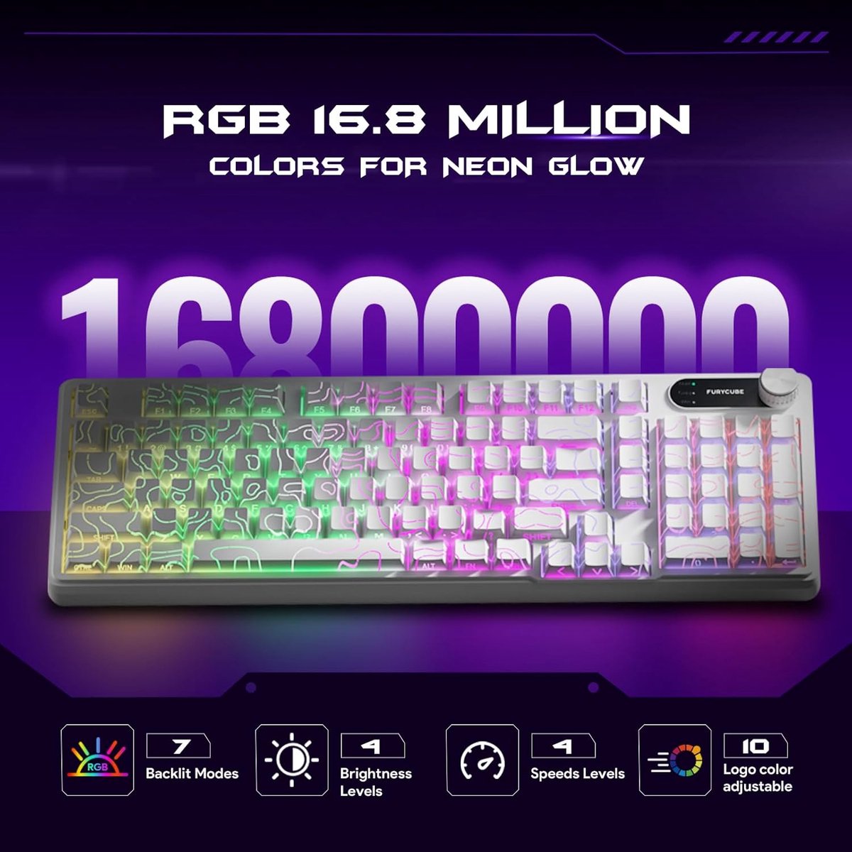 Furycube IP98 PRO - Mechanisch-Feeling Gaming Toetsenbord - 98 Toetsen - RGB Verlichting - Bedraad - 5000mAh Batterij - Wit thumbnail 5