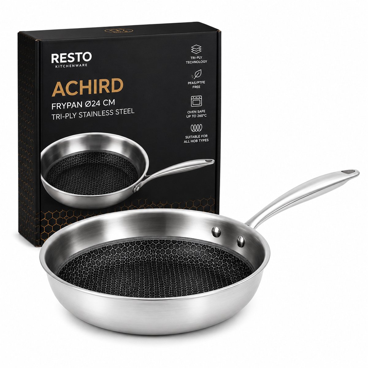 RESTO Achird Koekenpan 24 cm – TRI-PLY RVS Koekpan – Inductie Geschikt – PFAS/PTFE Vrij – Honingraat Anti-aanbaklaag – Ovenbestendig – Zilver