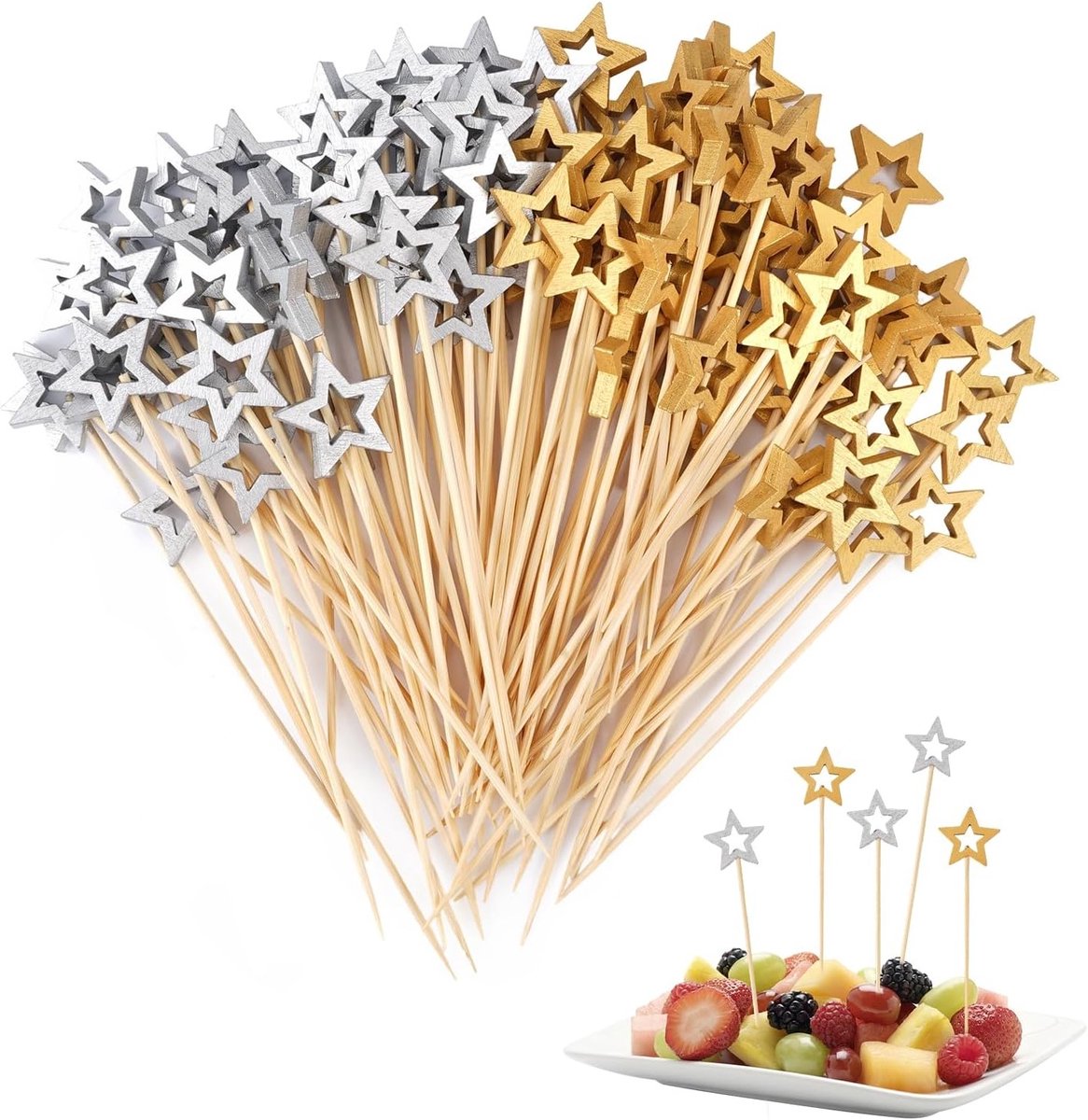 100 Cocktailprikkers Stervormig Goud en Zilver Bamboe Spiesjes voor Feestjes