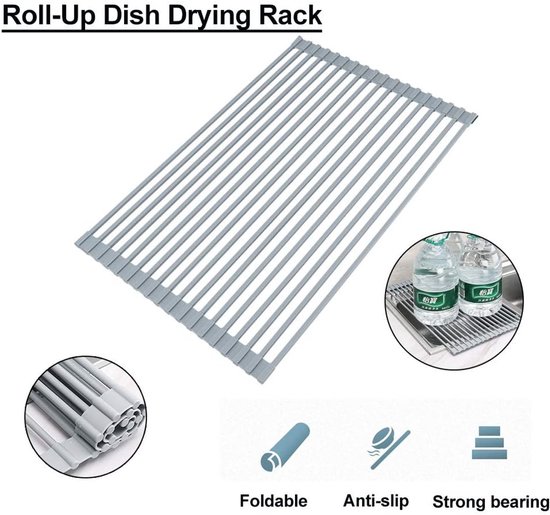 Roll-Up Dish Droogrek Home Kitchen Roll Up Schotel Rekken Multipurpose Opvouwbaar Roestvrij Staal Over De Wasbak Kitchen Drainer Rooster Om Cups Fruit Groenten(Round rod C) — afbeelding 2