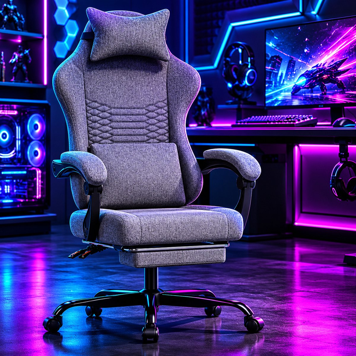 Gamingstoel - Ergonomische Bureaustoel – Met Armleuningen En Voetsteun – Verstelbare Rugleuning – Met hoofdsteun - Met lendensteun - Stof - Donkergrijs