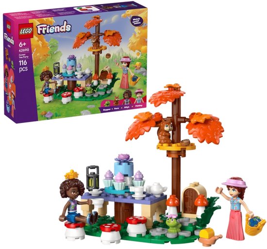 LEGO Friends bosfeest speelset met tafel, boom en 4 figuren, naast de verpakking.