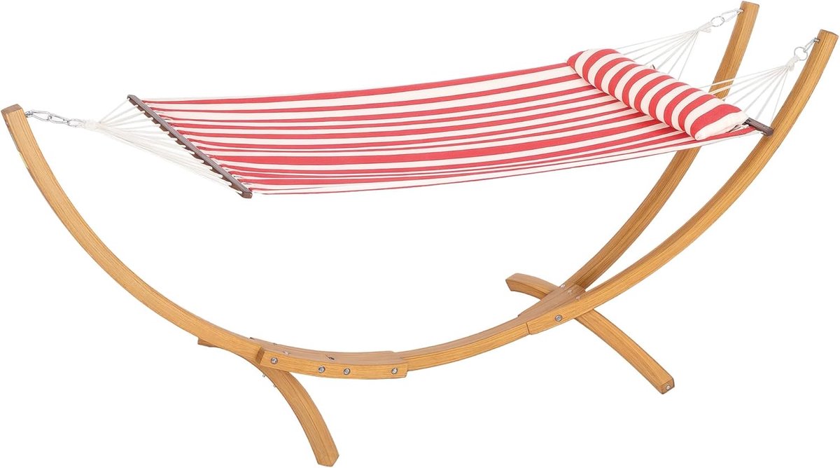 Outsunny Hangmat op voet, 1-zits, hangmat met houten standaard, hoofdkussen, katoenen bed, voor terras buiten, zwembad, rode en witte strepen