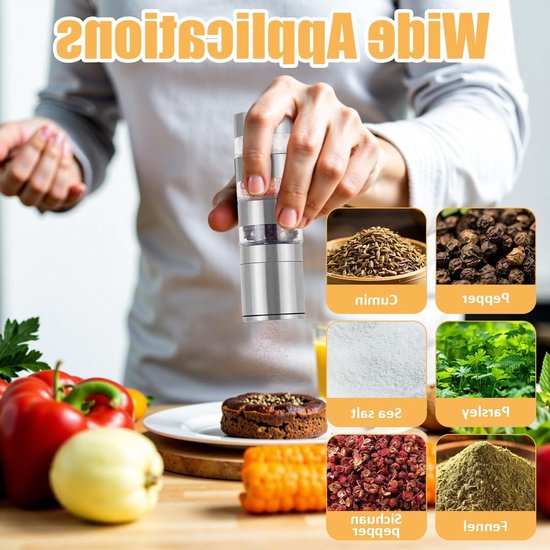 5-in-1 Specerijen Shaker Set voor Kamperen, Koken en Barbecueën - RVS Specerijenpotjes met Pepermolen en Mini Molen voor Reizen, Picknicken en Buiten Koken — afbeelding 4