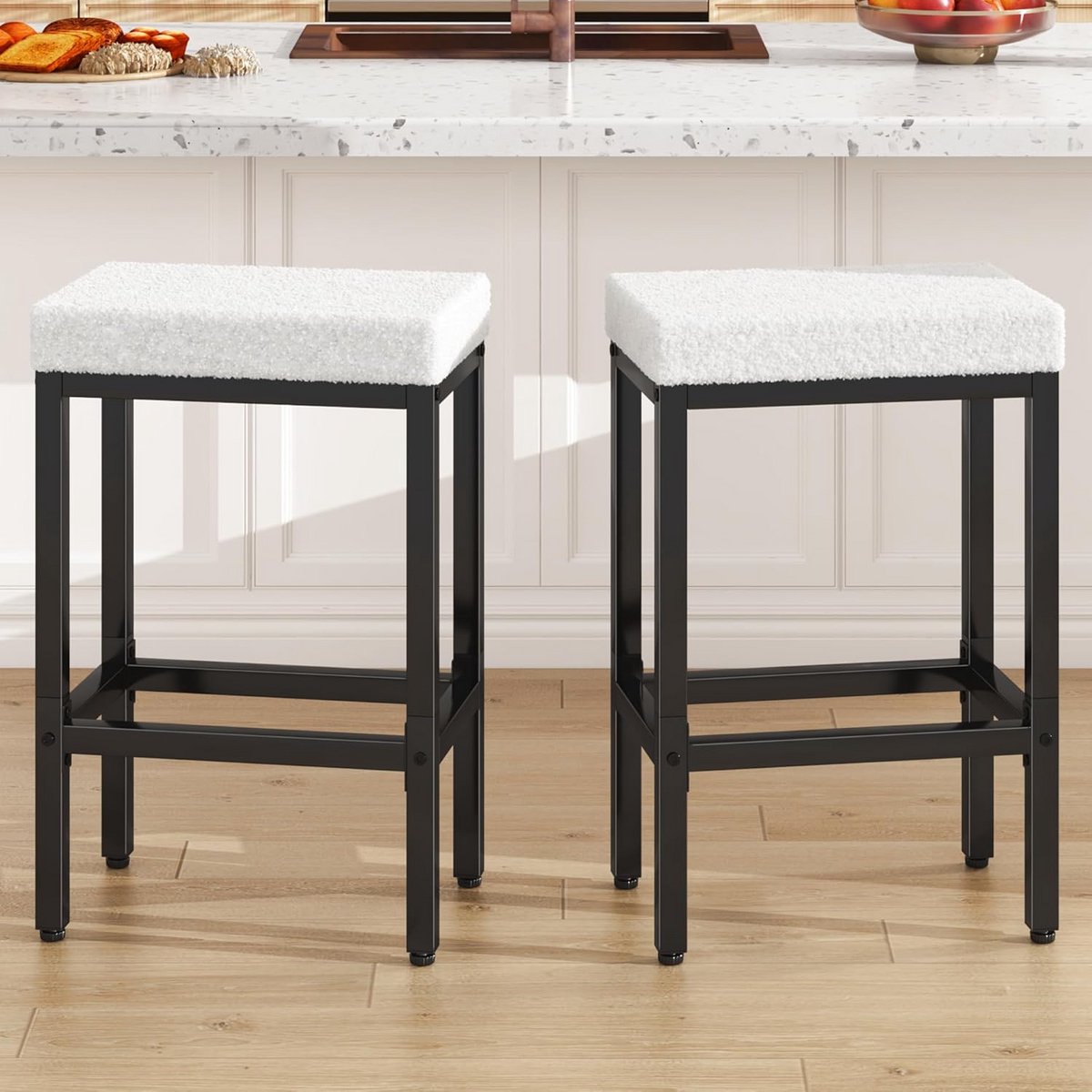 Barkrukken Set - Keukenstoelen - Aan de bar - Metalen onderstel - 66 cm hoog - Wit