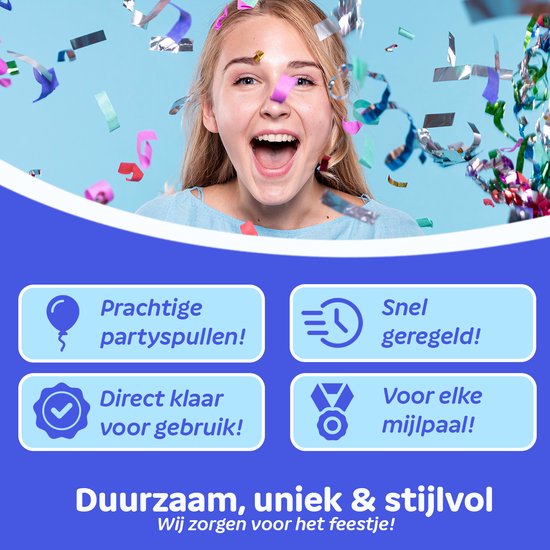 Een lachend meisje met confetti in haar gezicht. Onder de tekst 'Duurzaam, uniek & stijlvol'.