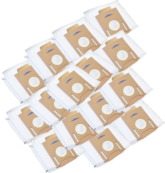 Une pile de 15 sacs à poussière blancs avec carton brun, sur fond blanc.