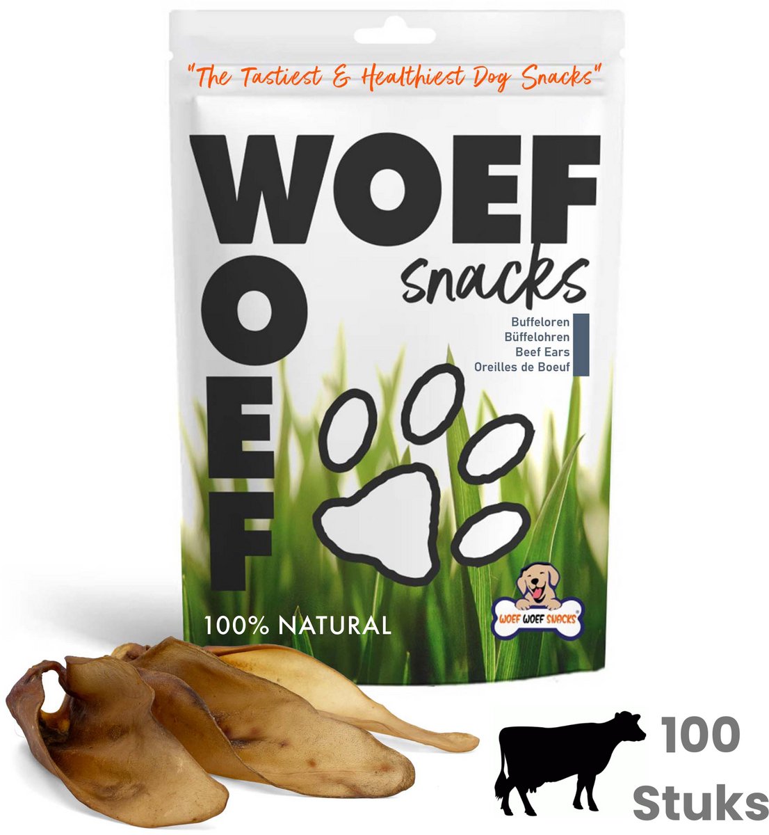 Woef Woef Snacks Hondensnacks Buffeloren 100 stuks - Kauwsnacks Gedroogd vlees Rund Alle honden vanaf 8kg Geen toevoegingen