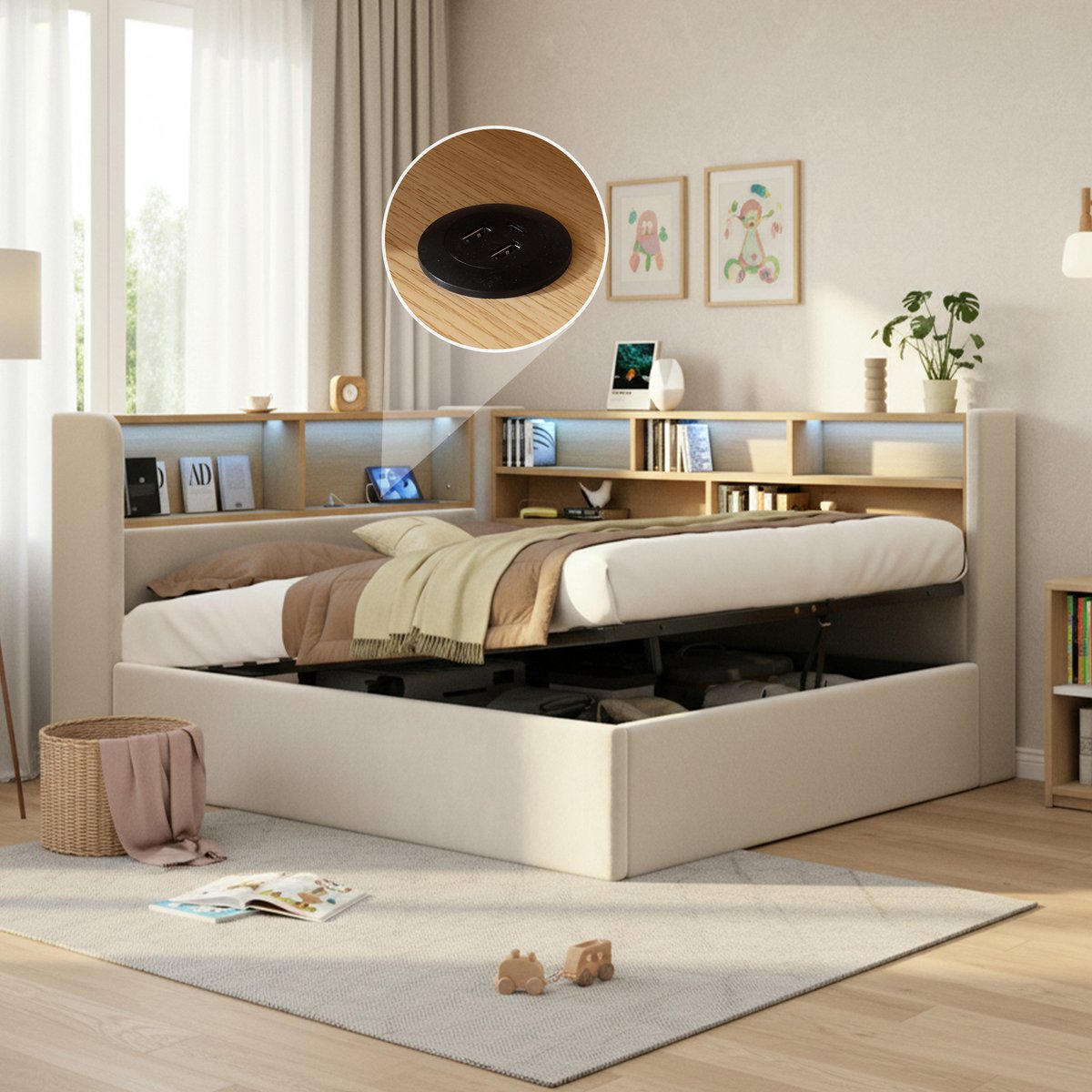 MODFU - Gestoffeerde Bedbank Met Opbergruimte, Led, USB En Rugleuning - Fluweel - Beige