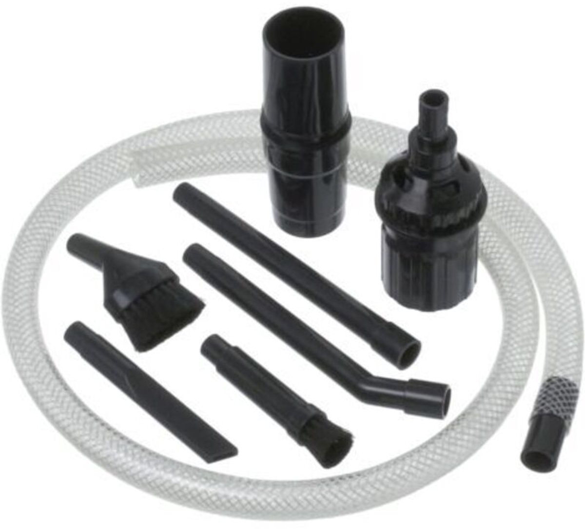 Een set kleine universele stofzuigermondstukken, 30-38 mm groot, zwart.