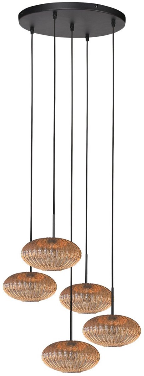 Hanglamp Aurelio 4383ZW - 5-lichts vide met amberkleurig glas, hoogteinstelbaar, trendy ontwerp, Mexlite, zwart met metaal en elektronica