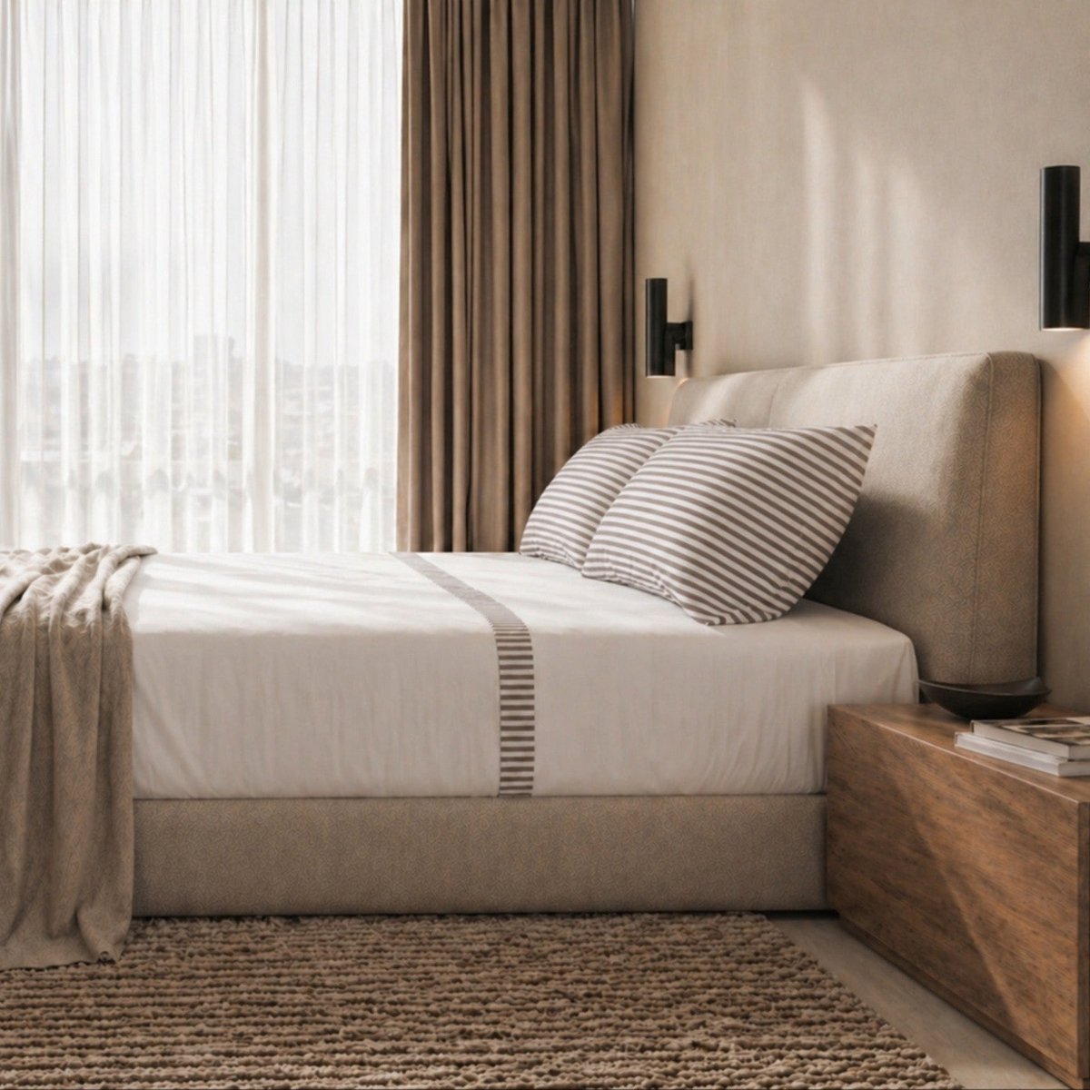 The White Stone Lakenset Eenpersoons 100% Katoen met Grijze Streep Bies Taupe | Hoeslaken, Laken en 1 Kussensloop