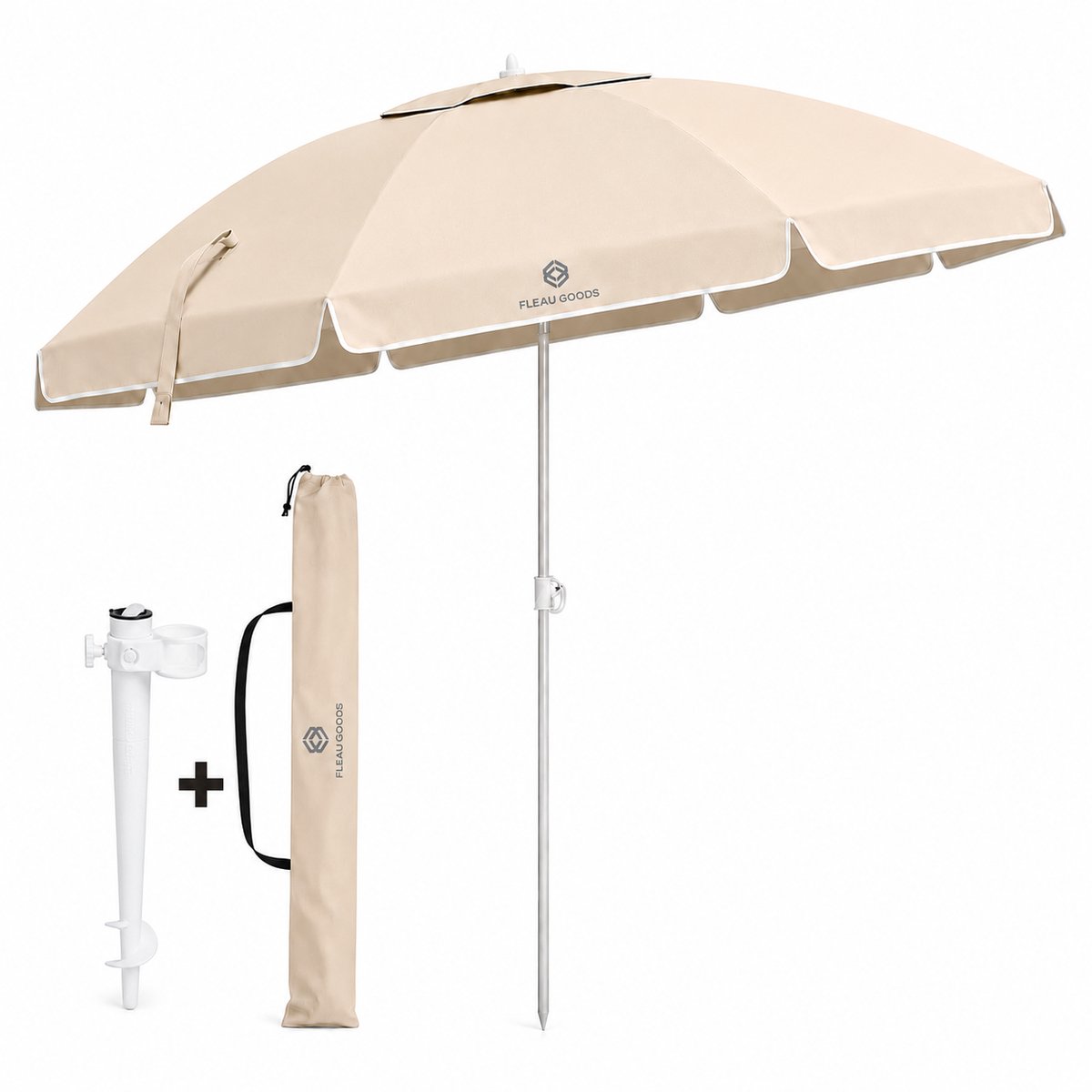 Bol.com Fleau Goods Luxe Parasol Set 180cm - UV Bescherming - Strand / Tuin - Strandparasol met Grondboor en Draagtas - Inclusie... aanbieding